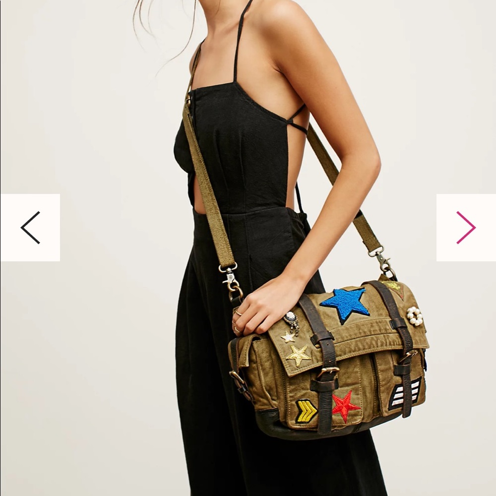 Free People Washed Military style canvas messenger crossbody Bag with patches
